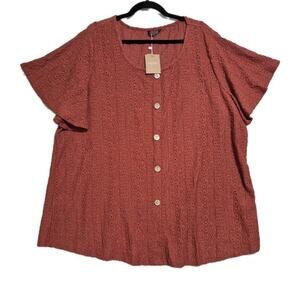 Bloomchic Blouse Women 22 Rust Eyelet Flutter Sleeve Popover Feminine Embroidery